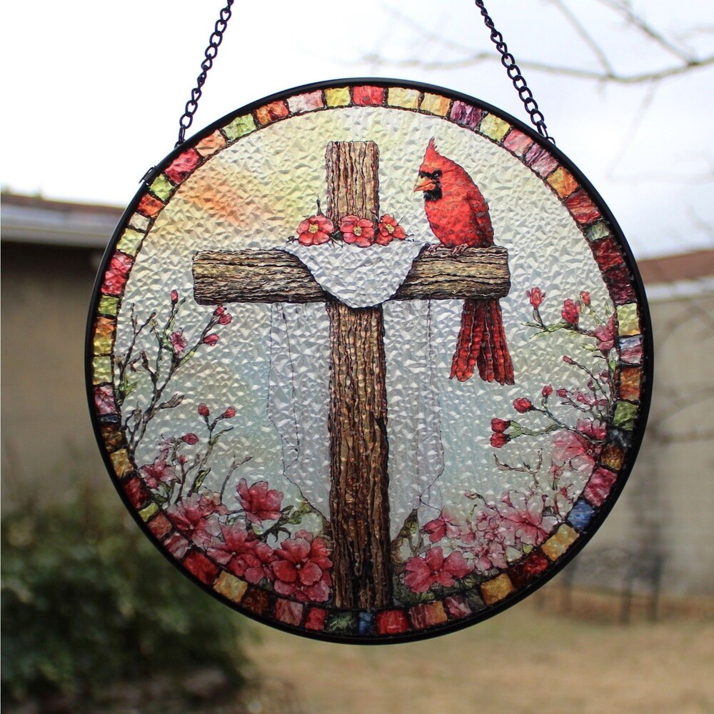 Cardinal on a Cross Suncatcher round 8" Christian Faith Home Decor